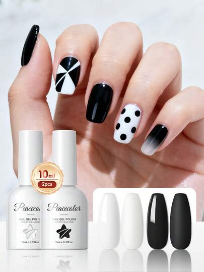  PEACECOLOR 黑白凝胶指甲油套装（2瓶装），10毫升玻璃瓶装，经典黑白配色，高显色度，UV/LED灯固化，持久耐用，适合女性居家DIY日常美甲设计，礼品套装