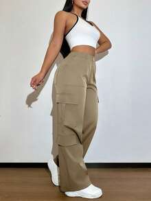 纯色多口袋纽扣休闲Y2K风格优雅可爱轻便工作裤。适合返校、毕业典礼、俱乐部、生日派对、万圣节、新年、感恩节、音乐会、健身房、海滩、度假、商务、日常外出、运动、机场穿搭、街头风、教师节、春季、夏季、秋季和冬季穿着。 - 深卡其 - 查看 11