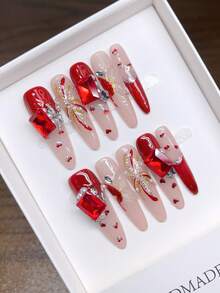 Handmade Wearable Nails; Thin High Heels Nail Shape Handmade Red Cat Eye French Draw Inlay Drill Nails; High Quality Simple Design Nails, Full Coverage Fake YK Nails, Unique Niche Creative Fake Nails, Daily Nails, Cute Modern Style Nails, Daily Use, Autumn And Winter Nails, Detachable Wear And Reuse, Suitable For Parties Andquets. - Multicolor - View 6