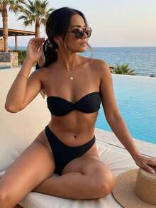 Women Bikini Set, Solid/Dots Print Sleeveless Bra With Low Waist Briefs Bathing Suit 2-Piece Swimsuit - 大黑色 - 查看 4