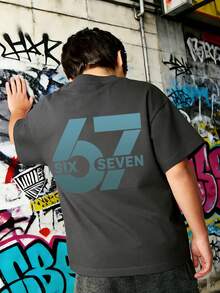 青少年男孩流行“SIX SEVEN 6 7”数字字母印花T恤，适合男孩街头、校园、活动、日常穿着，时尚夏季上衣 - 深灰色 - 查看 4