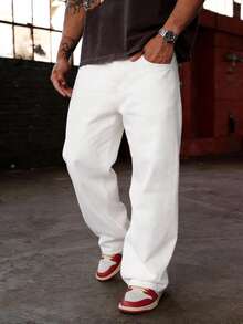 Men's White Loose Fit Casual Straight Leg Jeans, Versatile Minimalist Style Suitable For All Seasons - White - View 2