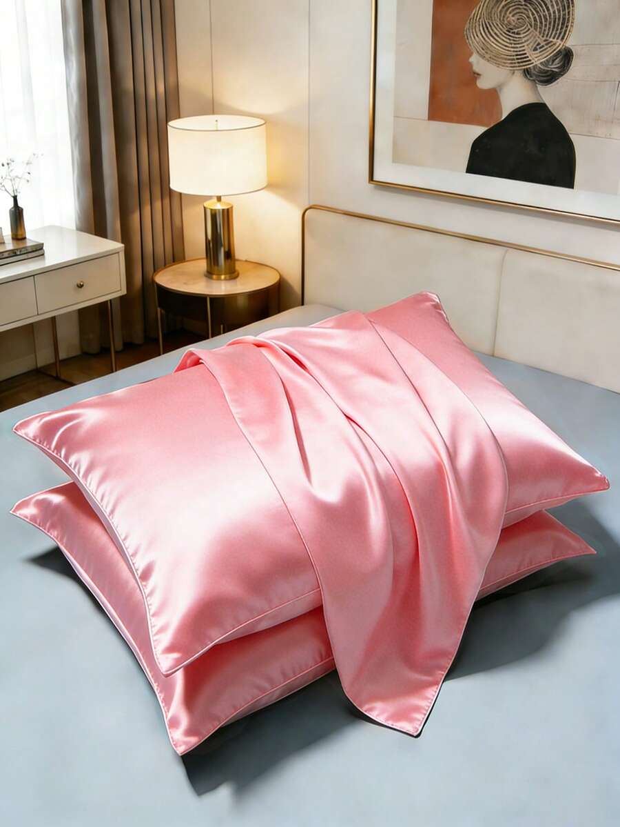 2pcs Satin Pillowcase, Soft & Smooth Pillowcase For Hair And Skin Care, With Envelope Closure (Pillow Insert Not Included) - Pink - View 1