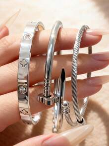 Set de 3 pulseras de mujer de plata, con diseño de trébol de cuatro hojas y flor de la suerte, con cierre retorcido y geométrico, de acero inoxidable resistente al agua, joyas de lujo aptas para uso diario, fiestas y como regalo - Plateado - Ver 1