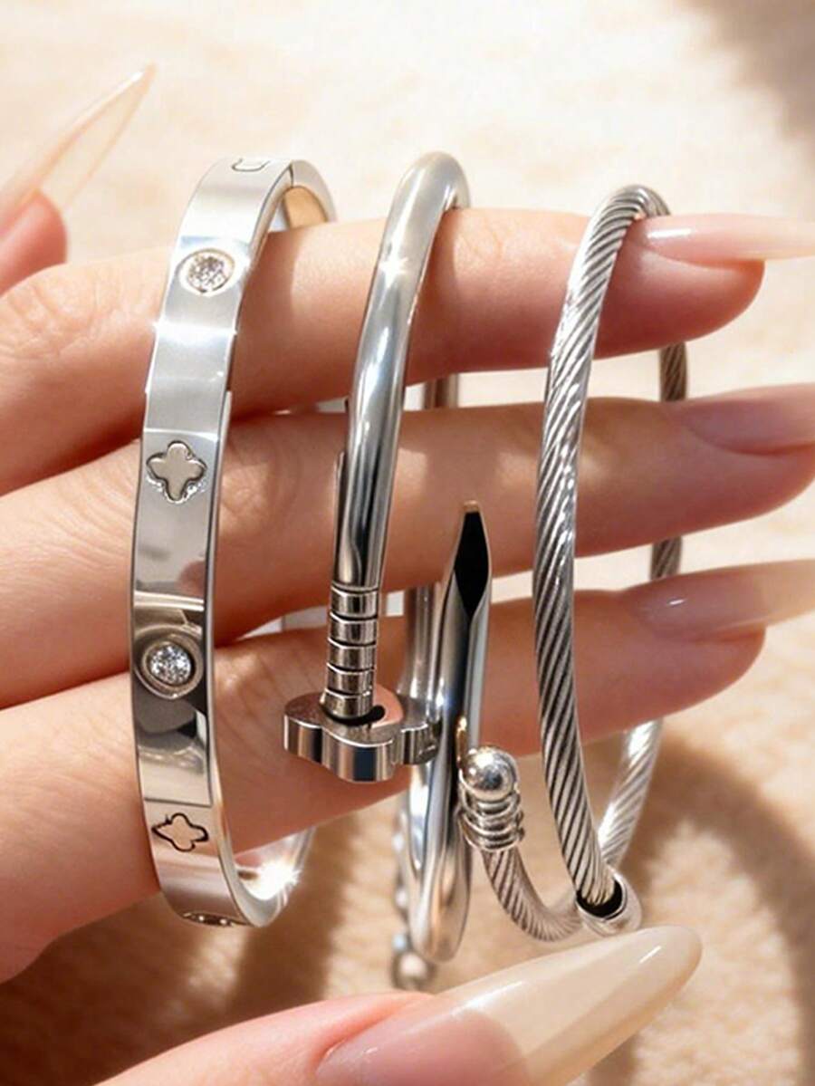Set de 3 pulseras de mujer de plata, con diseño de trébol de cuatro hojas y flor de la suerte, con cierre retorcido y geométrico, de acero inoxidable resistente al agua, joyas de lujo aptas para uso diario, fiestas y como regalo - Plateado - Ver 1