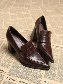 2026 Spring New Women's Pointed Toe Retro College Style High Heel Shoes, Small Leather Shoes, Work Shoes, British Style Chunky Heel Casual Commuter Slimming Chic Black & Burgundy - Burgundy - View 4