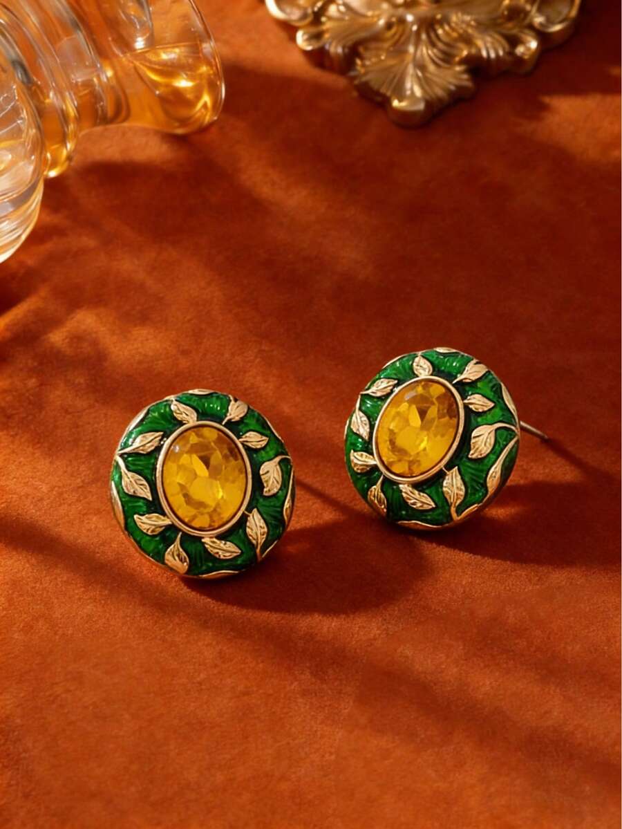 一对优雅彩色滴油纹理叶藤设计镀金圆形耳钉，适合女性日常佩戴、节日、送给妈妈、闺蜜的礼物，珠宝首饰 - 耳環 - 查看 1