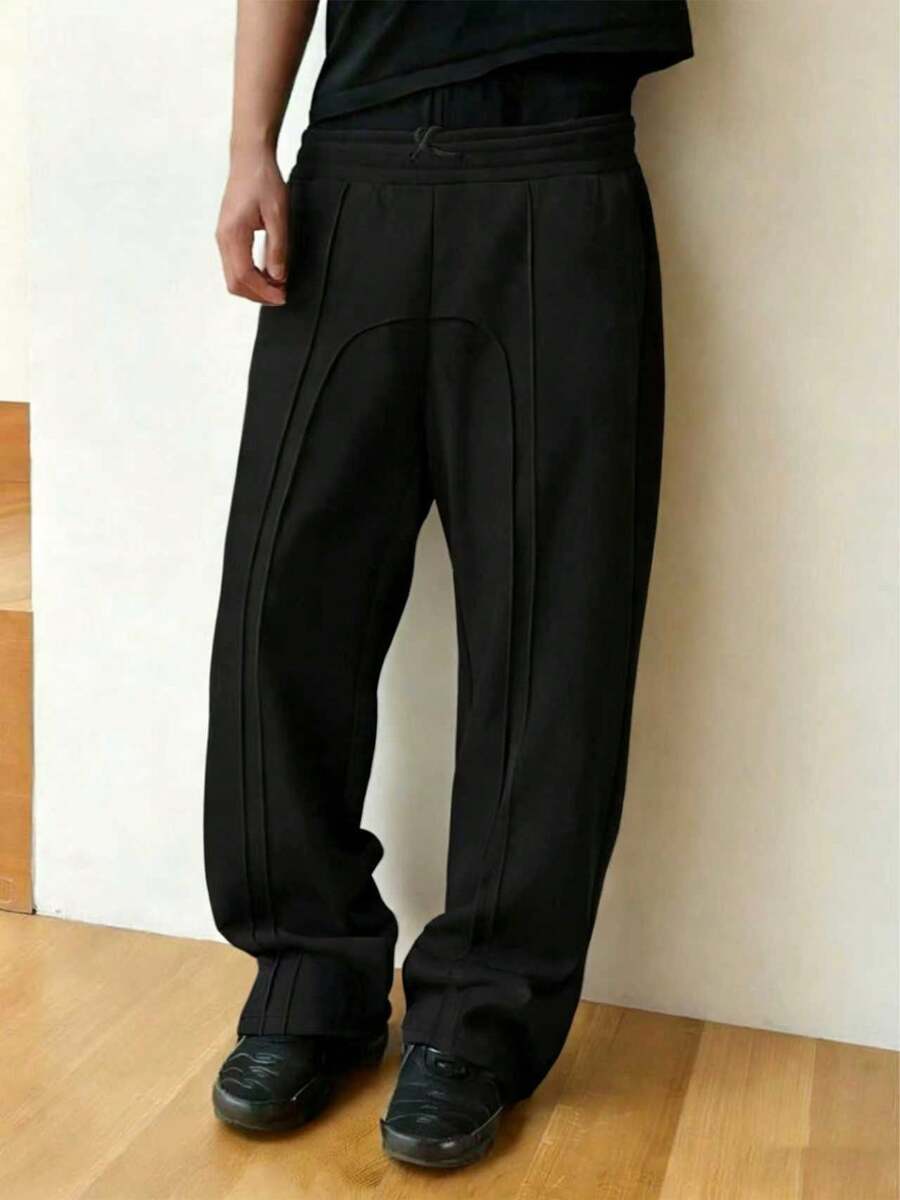Men's Casual Solid Color Drawstring Waist Sports Pants, All Seasons - 黑色 - 查看 1