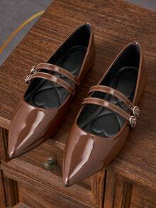 女士时尚棕色尖头套脚鞋，适合通勤、办公、派对、约会、婚礼、新年、情人节等场合，休闲百搭，优雅玛丽珍鞋款，双扣带设计，春季新品上市 - 棕色 - 查看 1