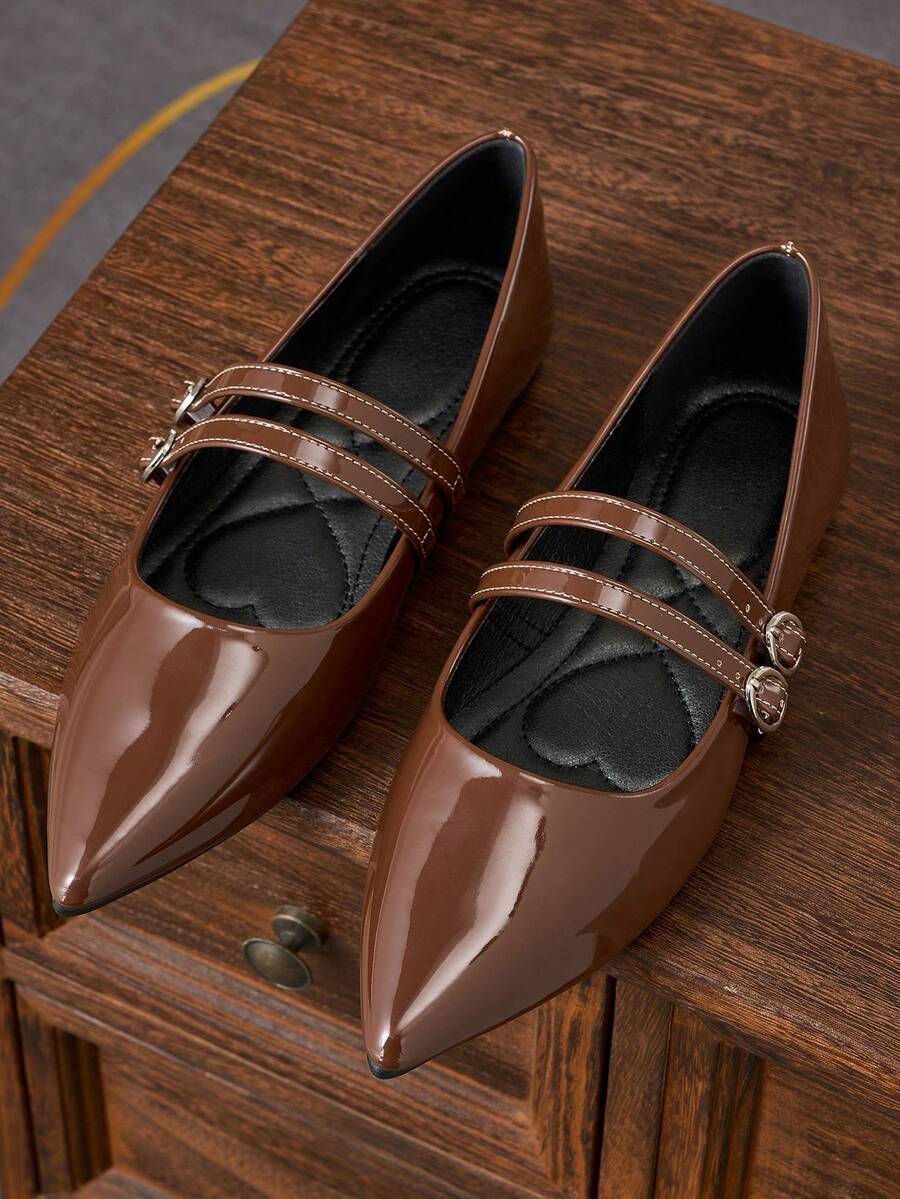 女士时尚棕色尖头套脚鞋，适合通勤、办公、派对、约会、婚礼、新年、情人节等场合，休闲百搭，优雅玛丽珍鞋款，双扣带设计，春季新品上市 - 棕色 - 查看 1