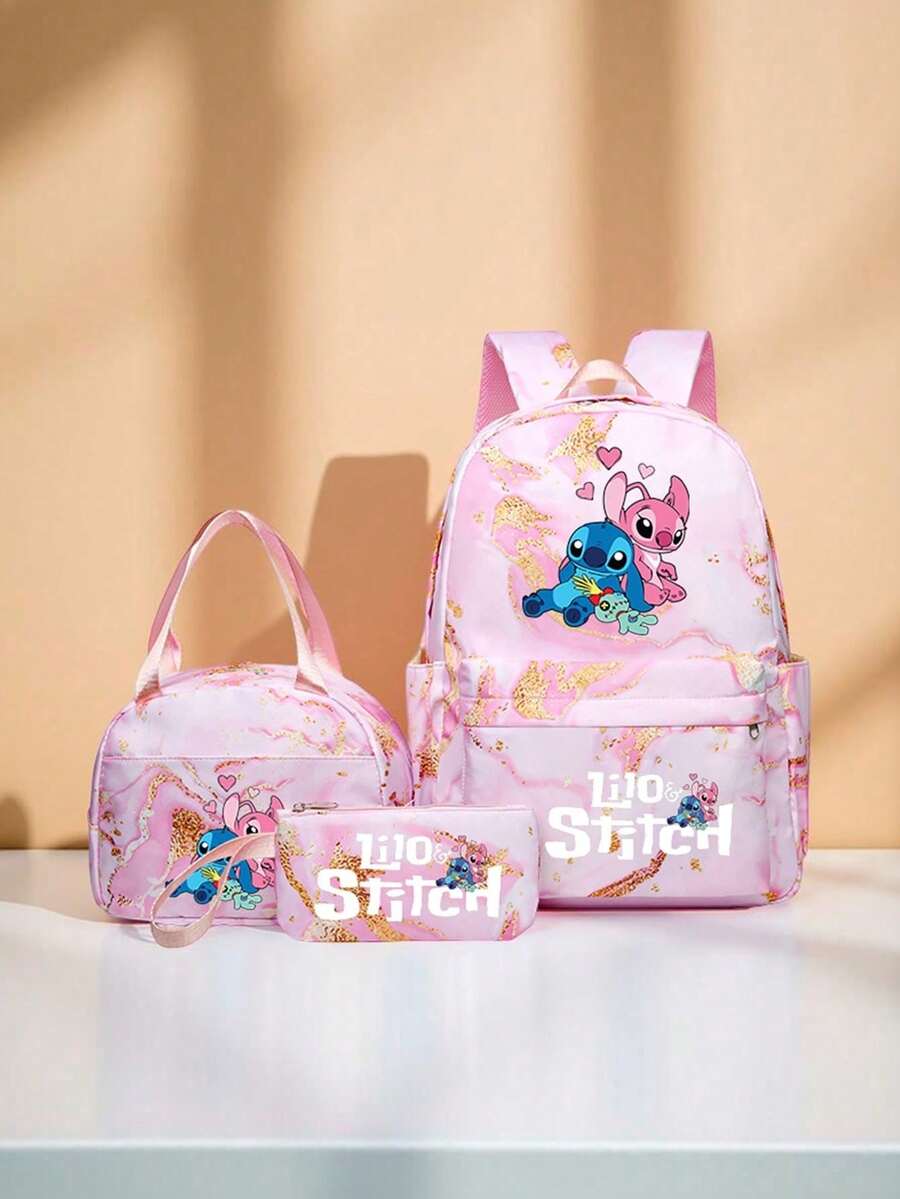 三件套动漫主题女士时尚背包，尼龙材质，配有可调节肩带和拉链，包含笔记本电脑隔层、手提包和宽敞的旅行包，适合通勤、上学、出差、旅游，是完美的礼物之选。 - 彩色 - 查看 1