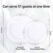 102PCS White And Silver Plastic Plates - Heavyweight Silver Plate - Wedding Plate With Silver Rim - Fancy Dinner & Dessert Plates For 51 Guests Graduation Weddings & Parties - 銀色 - 查看 3