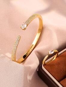 rakol 2pcs Fashionable Cubic Zirconia Asymmetrical Decor Ring & Bracelet Set - Gold - View 5