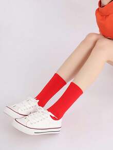 1/3/5/10/15/20 Pairs Women's Solid Red Minimalist Style Comfortable Breathable Mid-Calf Socks - Red - View 8