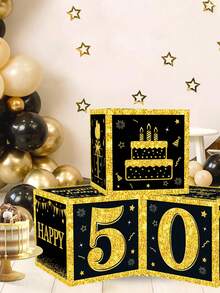 27厘米黑金数字0-9生日装饰盒，黑金生日派对背景装饰，适用于18岁、30岁、40岁、50岁、60岁、70岁、80岁生日派对装饰，生日派对背景堆叠盒，家居装饰，房间装饰，生日派对用品，生日拍照道具，生日礼物包装盒，生日礼物，派对小礼品 - 黑金生日盒 - 查看 5