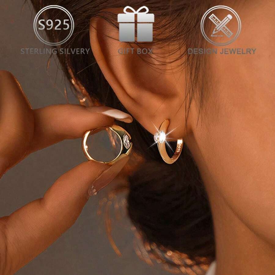 1 Pair 925 Sterling Silver Fashion Metal Cubic Zirconia Stud Earrings, Suitable For Daily, Casual, Vacation, Party Wear, Holiday, Birthday Gift - Gold - View 1