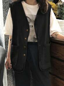 Women's Casual Sleeveless V-Neck Single-Breasted Denim Jacket, Spring/Autumn Black - Black - View 1