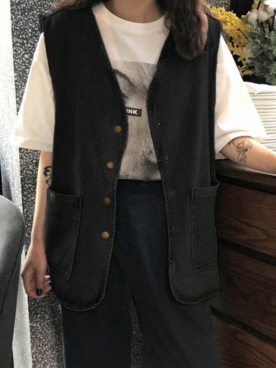 Women's Casual Sleeveless V-Neck Single-Breasted Denim Jacket, Spring/Autumn Black - Black - View 1
