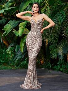 Women's Sexy Backless Gold Spaghetti Strap Maxi Mermaid Dress For Party/Evening Wedding Spring - Gold - View 5