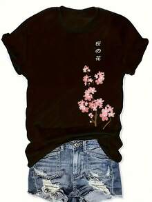 1PC,Plus Size Women's Cotton T-Shirt With Cherry Blossom Print And Japanese Text, Black Short Sleeve Top For Spring Fashion, Casual Streetwear Style Women's Casual And Stylish Short-Sleeved Printed Shirt/T-Shirt, Breathable, Suitable For Outdoor Sports, Everyday Wear, Birthday Gifts, Christmas Gifts, Halloween Gifts, Or As A Commemorative Shirt For Friends Or Loved Ones. Also Suitable As A Pullover Fast Delivery - màu đen - Xem 7
