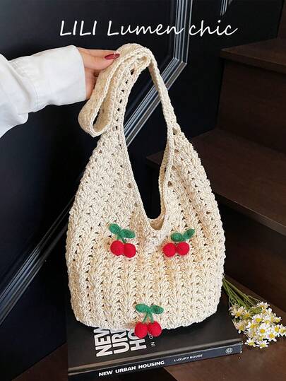 Relaxed Large-Capacity Woven Bag For Women, New Cherry Knitted Shoulder Bag, Solid Off-White Color With Red Cherry Decoration, Hollow Design, Crescent Shape, Open-Top Closure, Single Handle, Can Be Worn On The Shoulder, Suitable For Women For Commuting, Going Out, Shopping, Business Trips, And Other Occasions