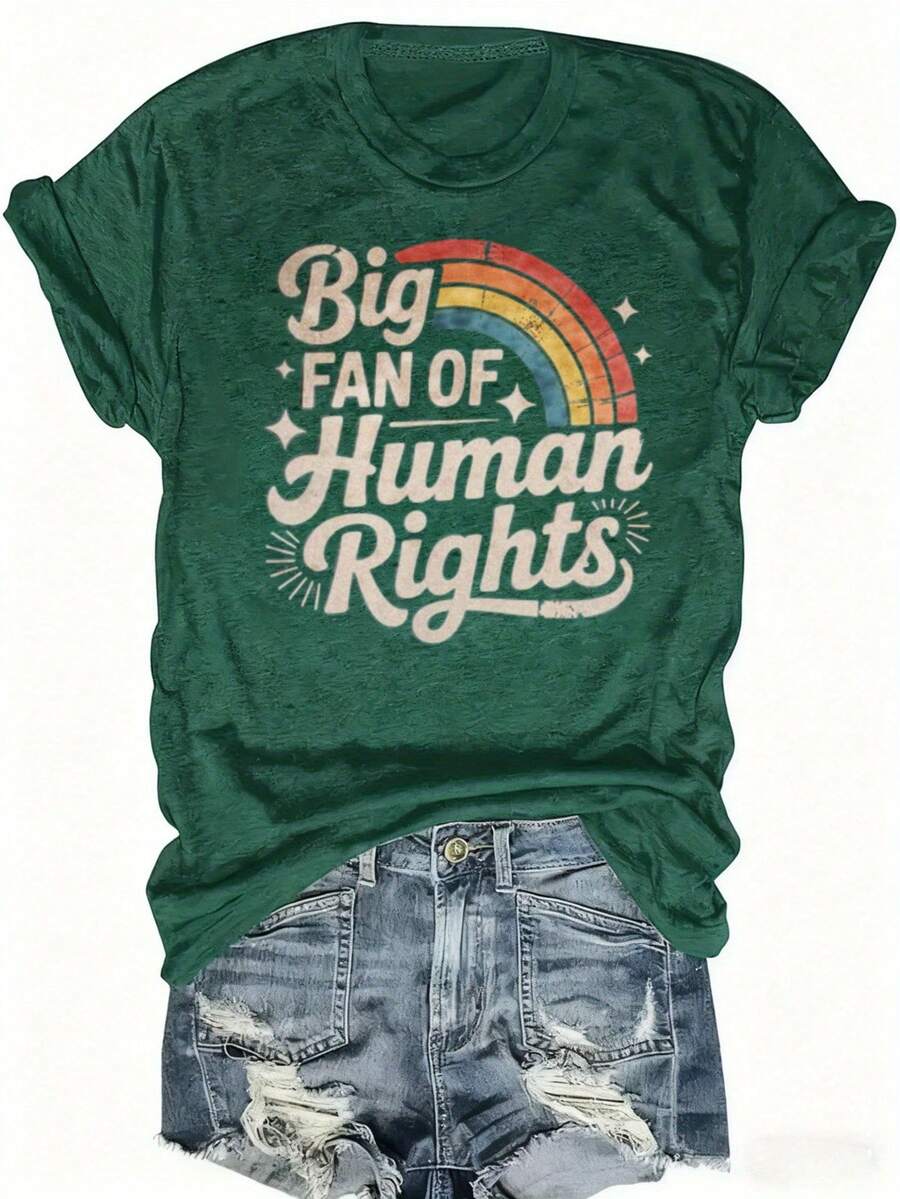 "Human Rights Ally" Rainbow Pride Vintage Tee | Retro Typography Graphic Shirt For LGBTQ+ Supporters & Activists | Unisex Streetwear, Soft Cotton Casual Top - 綠色 - 查看 1