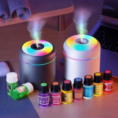 MORE BEAUTY 12 pieces/suit, plant-scented essential oil, fragrance and aroma fragrance + 1 mini essential oil diffuser/humidifier, cold mist, night color-changing light - air humidification, keeps air fresh, relaxes (USB power supply), air freshener, deodorizer, suitable for aroma therapy machine, portable humidifier, small humidifier, indoor humidifier, travel humidifier, desktop humidifier, humidifier, diffuser, indoor, bedroom, studio, office(white)