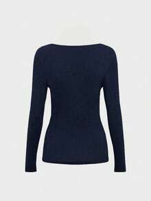 Áo thun dài tay cổ tròn hai mặt kiểu dáng thanh lịch, tối giản, cổ điển, thích hợp mặc hàng ngày cho nữ mùa thu. - Màu xanh hải quân - Xem 5