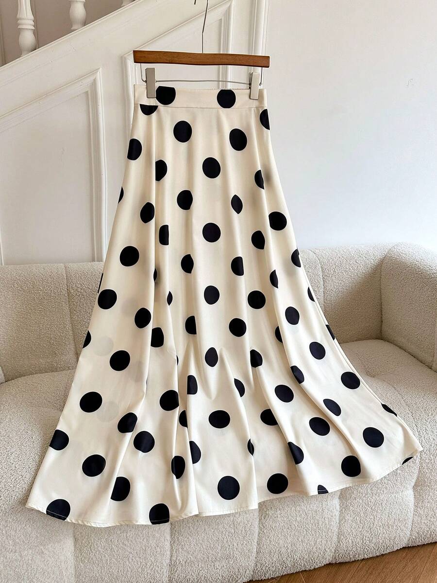 Women's Polka Dot Print Casual Elegant Skirt, Suitable For Daily, Occasions, Office, Dates, Travel, Spring/Summer/Autumn - Apricot Black - View 1