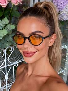 1 Pair Unisex Orange Oval Basic Fashion Glasses, Suitable For Summer Beach Vacation And Back To School College Style - Black Orange - View 6