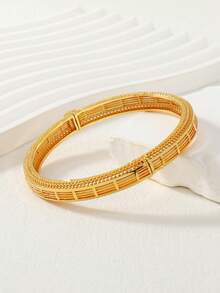 1 pieza Brazalete de línea hueca con textura chapado en oro de 24K, accesorio de fiesta de diseño de nicho de lujo - Amarillo Oro - Ver 5