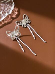 奢华银色水钻蝴蝶仿珍珠流苏耳环 | 派对及约会之夜浪漫配饰 - 銀色 - 查看 2