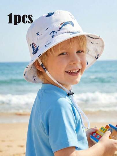 1pc Boys' 3-8Y Anchor Print White Sailor Sun Hat, Minimalist Navy Style Sun Protection Cap, Spring/Summer