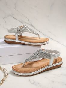 Elastic Fashion Rhinestones Bohemian Wedges Casual Roman Sandals - Silver - View 10
