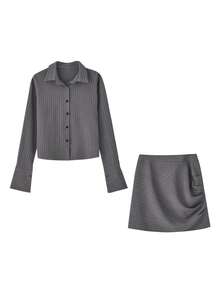 Traje a rayas con botones delanteros elegante y casual para mujer, adecuado para citas en otoño y primavera - Gris - Ver 7