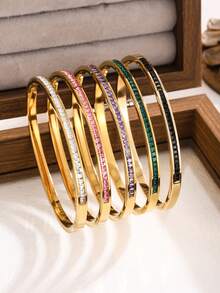 6pcs/5pcs/1pc Fashionable & Elegant Stainless Steel Single Row Diamond Bracelet, Multiple Colors, Suitable For Women's Daily Wear - Yellow Gold - View 3
