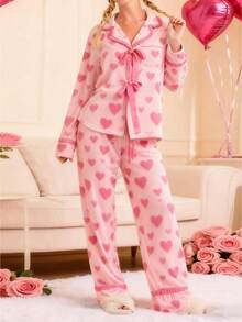 Women's Valentine's Day Pajamas Cute Heart Printed Bow Tie Long Sleeve Tops With Pants 2Pcs Sleepwear - Hồng - Xem 1