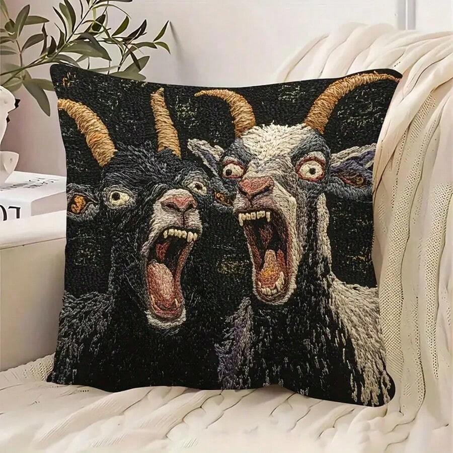 1PC 17.7 X 17.7 Inch Single-Sided Throw Pillowcase, 2D Printed Screaming Goat Pattern, Modern Style, Zip Closure. For Use With Plain Print Design, No Embroidery, No Insert Included. Room Decor Room Essentials Decirations For Bedroom Funny Gifts Spring Home Decor - Black - View 1