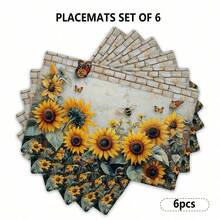 4pcs Retro Sunflower Butterfly Table Mats | Non-Slip, Wipe Clean Dining Table Mat Set For Party, Kitchen Dining Decoration, Linen Material - 12x18inch - View 8