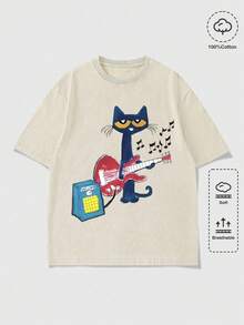 Acid Washed Retro Clothes Women Cool Cat Playing Guitar Design,Casual Print,Comfortable And Versatile,Pure Cotton 220g Printed T-Shirt,Unisex Style - Màu be - Xem 1