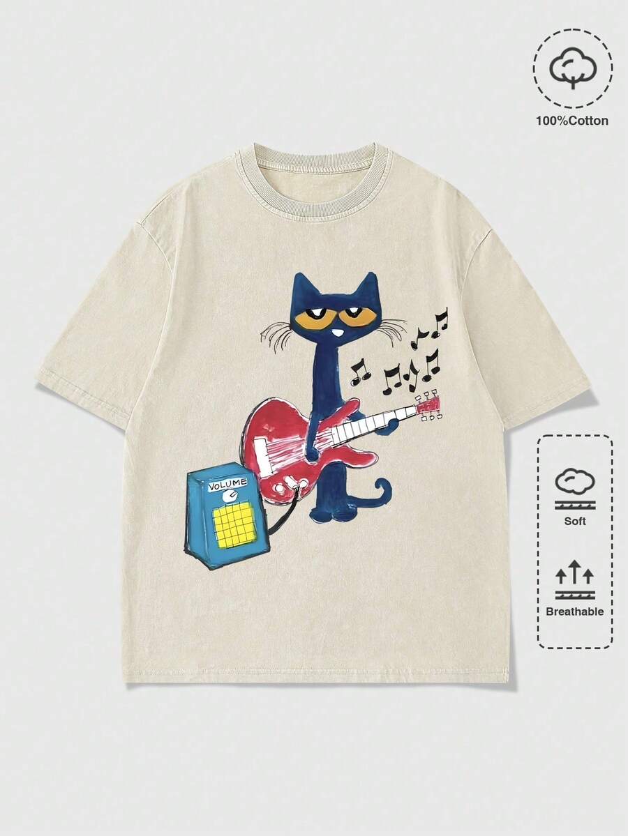 Acid Washed Retro Clothes Women Cool Cat Playing Guitar Design,Casual Print,Comfortable And Versatile,Pure Cotton 220g Printed T-Shirt,Unisex Style - Màu be - Xem 1