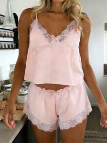 Women's Satin Lace Trim Lounge Set - Sleeveless V-Neck Top  Shorts Pajama Set With Bow Detail For Spring  Summer Home Wear - Hồng - Xem 1