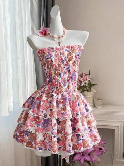 Women Strapless Petal Floral Corset A Line Dress Black Vacation Summer