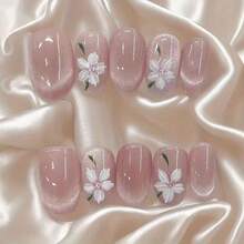 10 Pieces (1 Sheet) Hand-Painted Nail Stickers - Soft Pink Nude Floral Design, Glossy Press-On Nails - Easy To Apply Salon-Grade Daily/Party/Valentine's Day/Mother's Day Gift, Suitable For Beginners And Professionals, Party Accessories, High-Quality Wearable Nails For Special Occasions, Specially Designed For Nail Artists - 粉色 - 查看 2