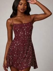 Vestido mini ajustado sexy con volantes en el bajo y pedrería, vestido de fiesta transparente, vestido de noche formal para mujer, vacaciones, boda - Burdeos - Ver 8