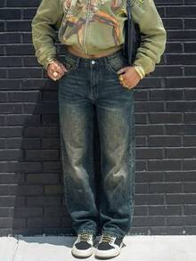 Women's Straight Leg Non-Stretch Denim Pants With Cat Whisker Details, Casual - Navy Blue - View 5