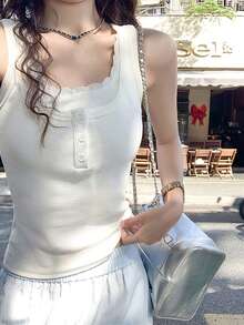 蕾丝吊带背心，修身打底背心，女士春夏款 - 白色 - 查看 2