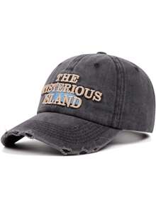1pc The Mysterious Island 3D Embroidery Baseball Cap, Unisex Couple Style, Distressed Washed Soft Crown Curved Brim Hat - Multicolor - View 2