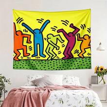 1pc Bedroom Decor Keith Haring Colorful Figures Dancing On Green Ground Tapestry, Decorative Wall Hanging Tapestry For Bedroom, Lotus Spiritual Tapestry, Beach Mat, College Dorm Home Decor Hanging Cloth Gifts Birthday Graduation - 1PC - Xem 3