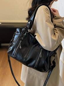 Retro Minimalist Large Capacity Fashion Student/Work Commute Tote Bag - Black - View 8